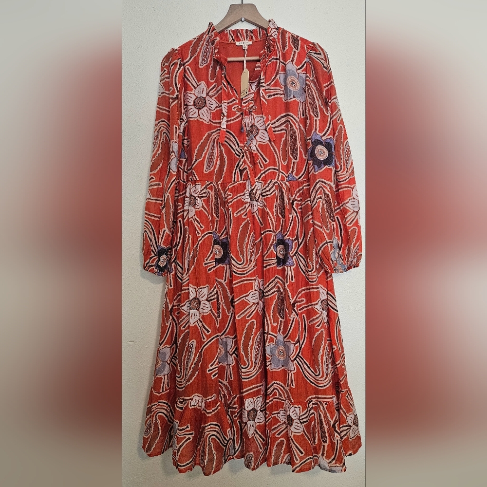 NWT Jodifl Floral Print Boho Midi Dress Viscose W Pockets Maxi Bishop Sleeves M - Picture 3 of 9
